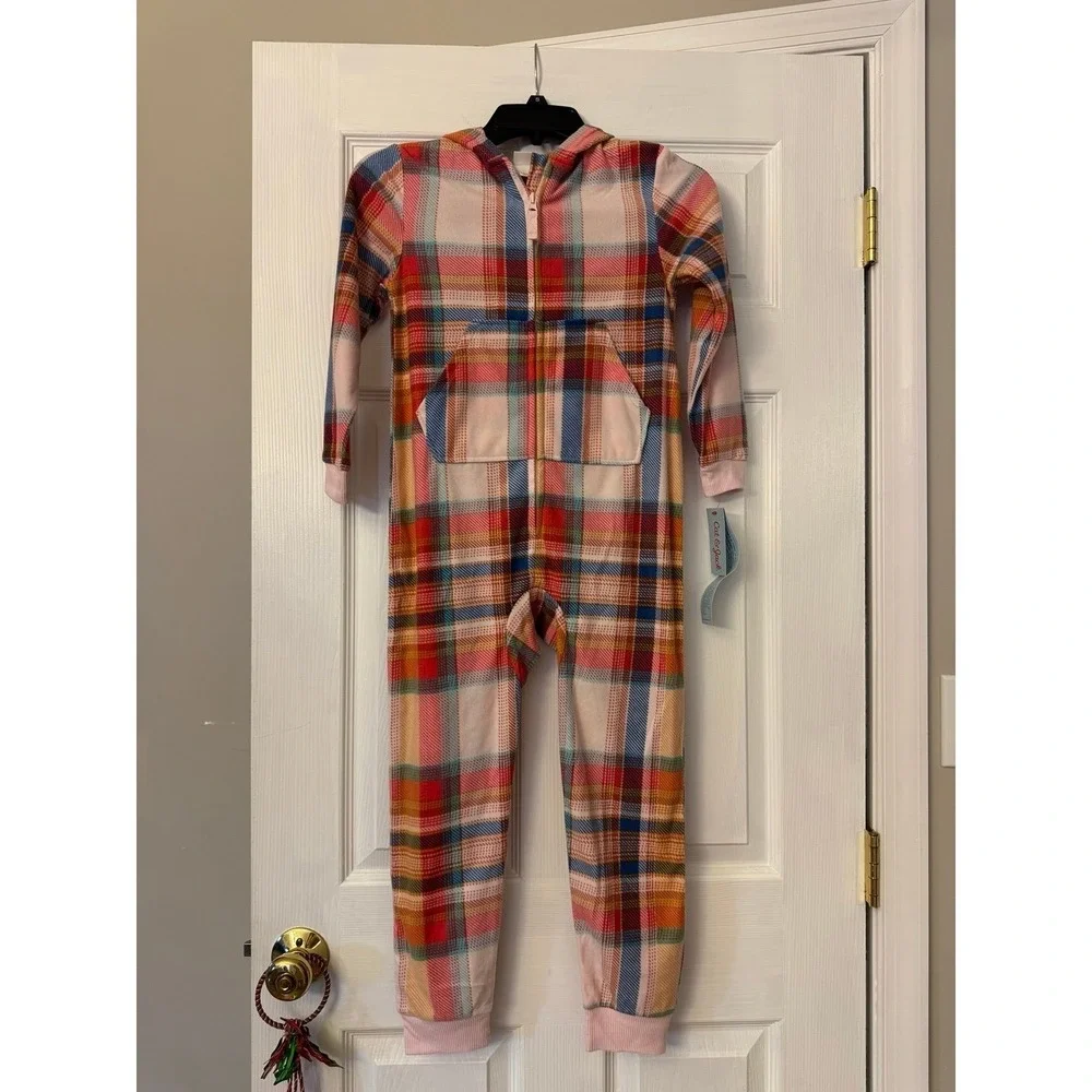 Cat & Jack Girls Size S 6/7 Fleece 1-piece Zip Hooded Plaid Pajama Front Pocket